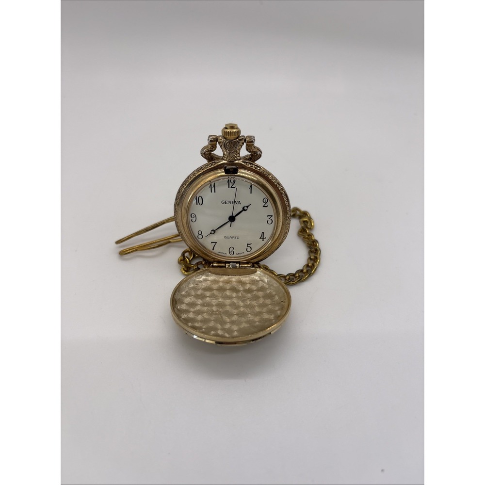 Geneva Quartz Yellow Gold Tone Train Theme Pocket Watch Men Analog Runs